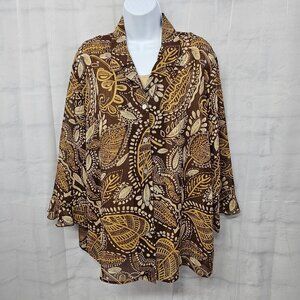 Alfred Dunner Blouse Brown Floral Boho Sheer Cottage Retro 16